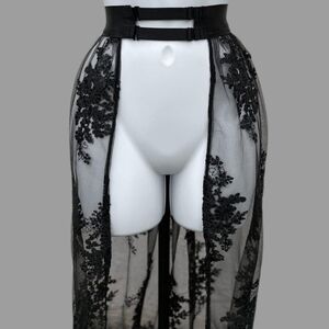 Black Sheer Lace Skirt Overlay with Floral Design